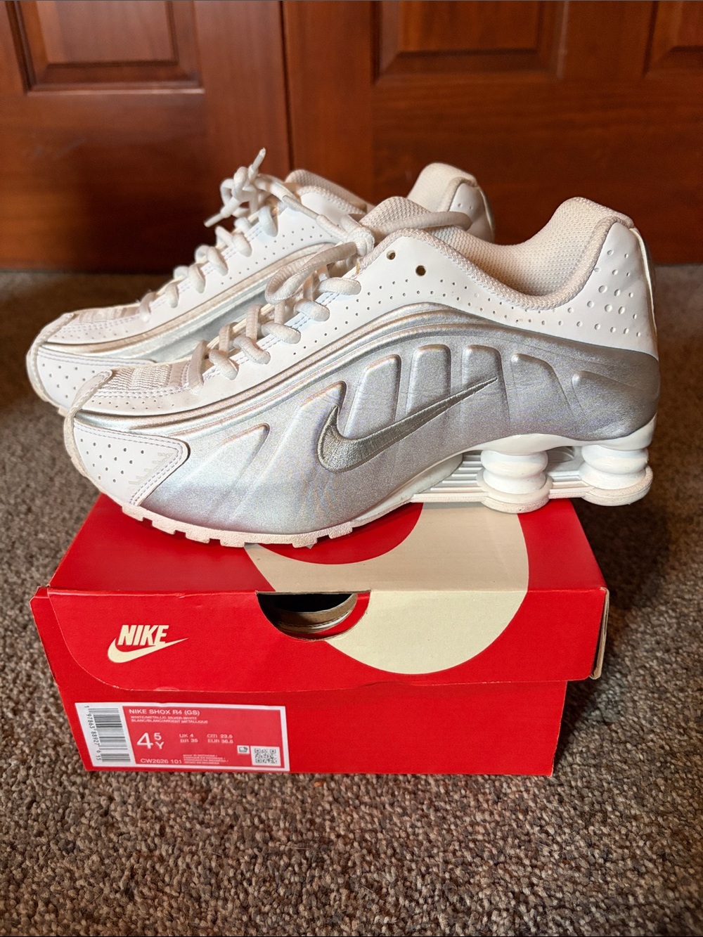 Nike Youth Shox Running Sneakers - White/Silver